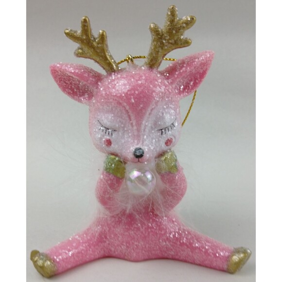 Pink Girl Reindeer Christmas Sassy Bubble Ornament Feathers Blushing Decor Gold - Picture 3 of 16